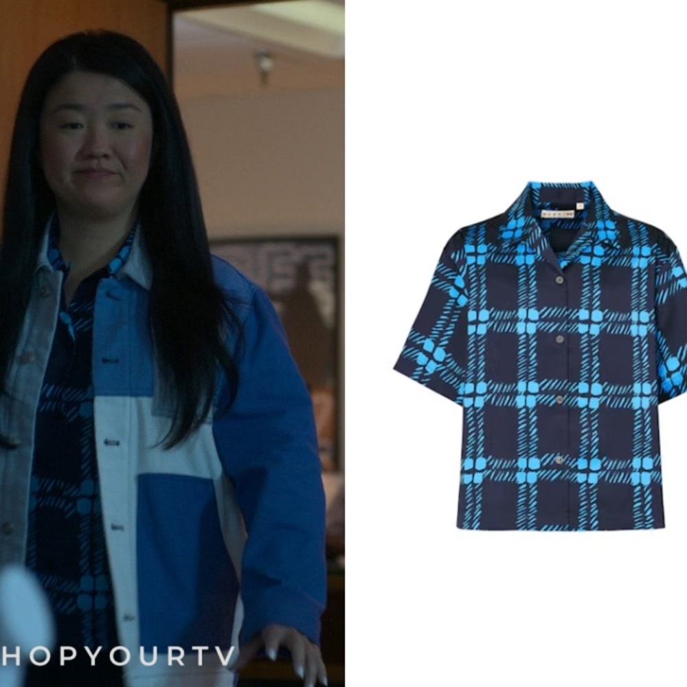 Marni x Uniqlo Women's Oversized Plaid Print Short Sleeve Top Blue Black Medium - Picture 7 of 7